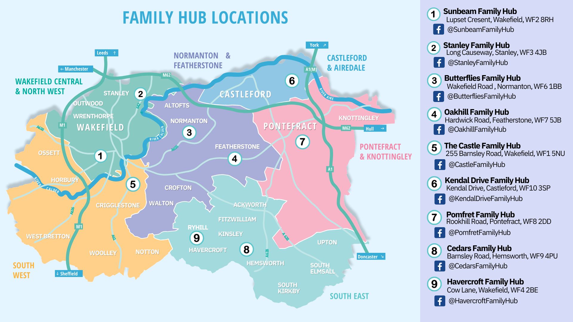 Family Hub and Youth Hub locations across Wakefield